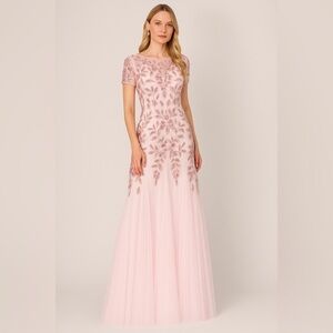 Adrianna Papell Blush Pink Embellished Tulle Maxi Dress
